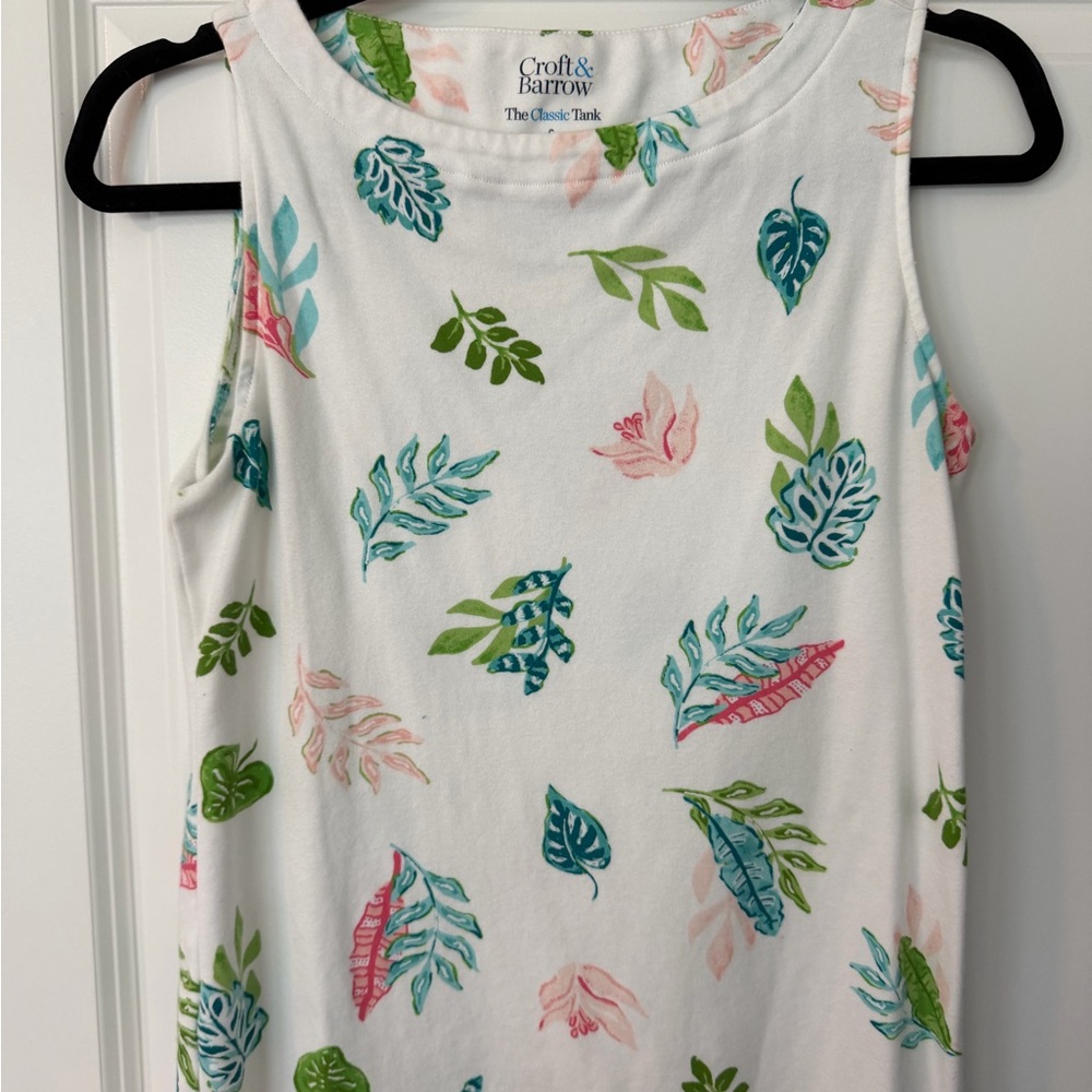 Women’s White Tank with Teal, Green and Pink Leaf Print
